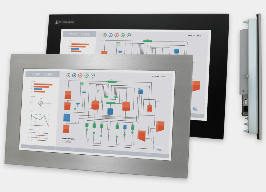 19.5″ Industrial Panel Mount Monitor and Touch Screen, front and side views