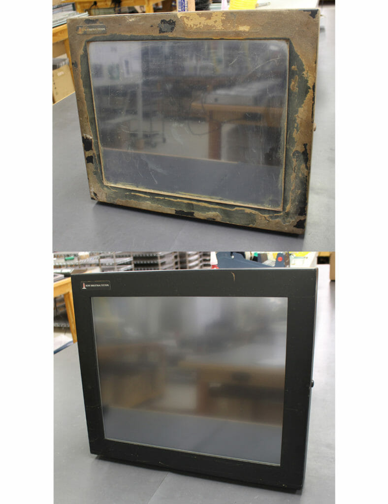 Universal Mount Monitor with food ingredients caked on the enclosure was returned to us to repair a broken window. We replaced the touch sensor and returned the monitor to "like new" condition for many more years of service.