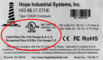 Sample label from 17" Stainless Panel Mount Monitor with hazardous location ratings