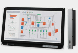 19.5" Widescreen Rack Mount Industrial Monitors and IP20 Rugged Touch Screens, front and side views