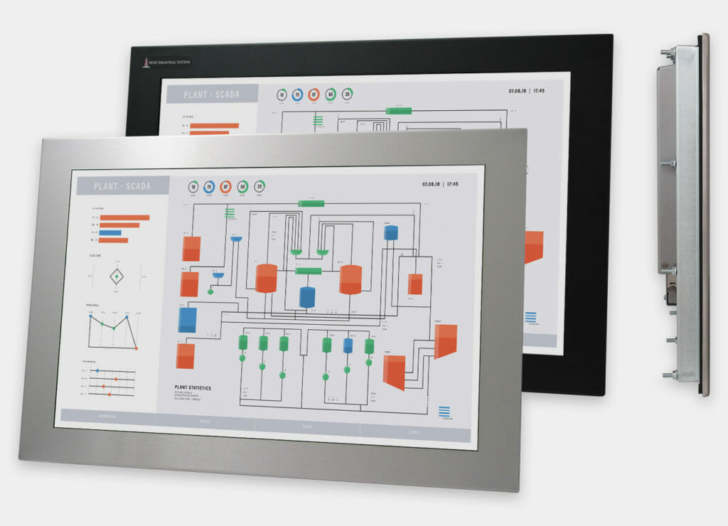 22" Widescreen Panel Mount Industrial Monitors and IP65/IP66 Rugged Touch Screens, front and side views