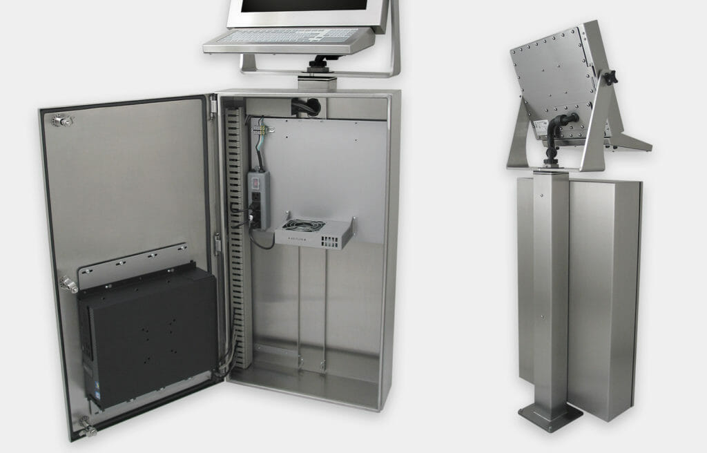 Industrial Enclosure for Commercial / Industrial PCs, close-up with generic fan kit, inside and rear view