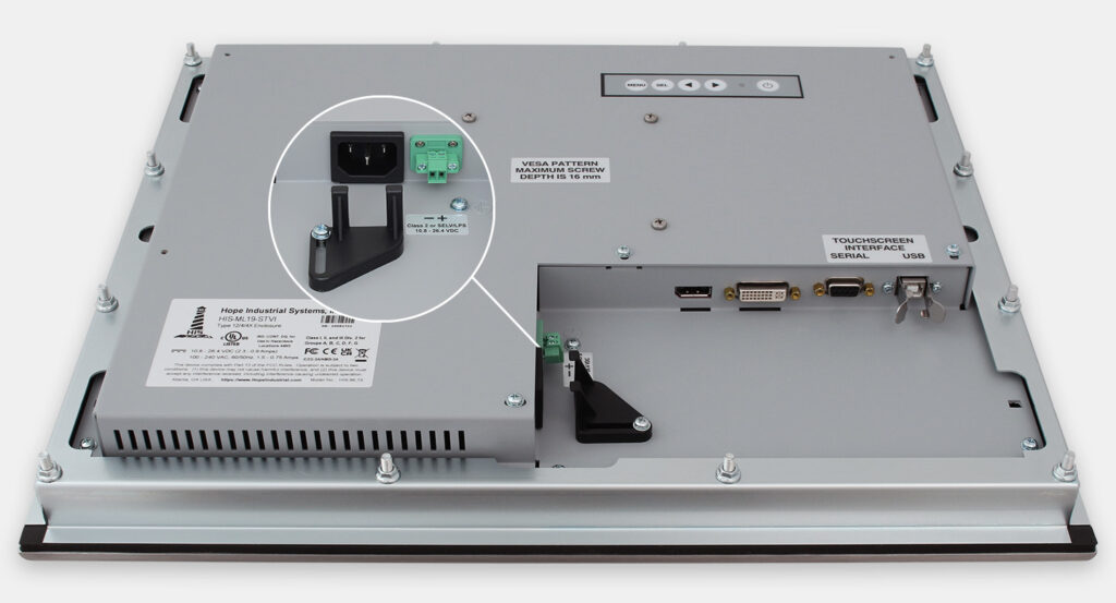 19" Panel Mount Industrial Monitors and IP65/IP66 Rugged Touch Screens, cable exit view