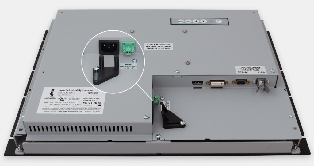 19" Rack Mount Industrial Monitors and IP20 Rugged Touch Screens, cable exit view